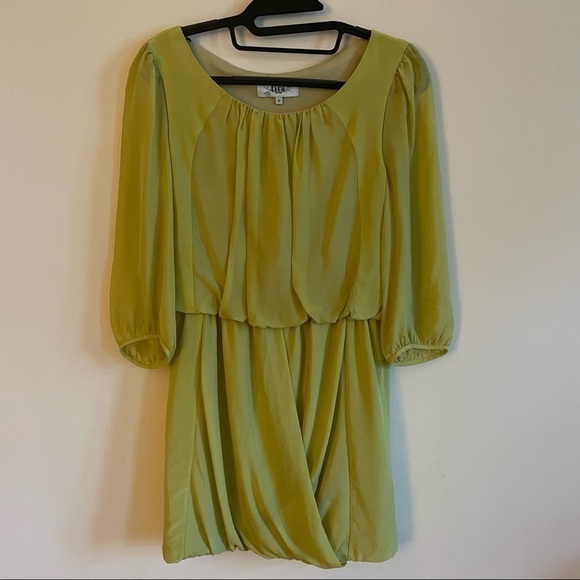 TIBI Yellow Silk Scoop Neck Ruched Mini Dress 3/4 Sleeves - Picture 11 of 12